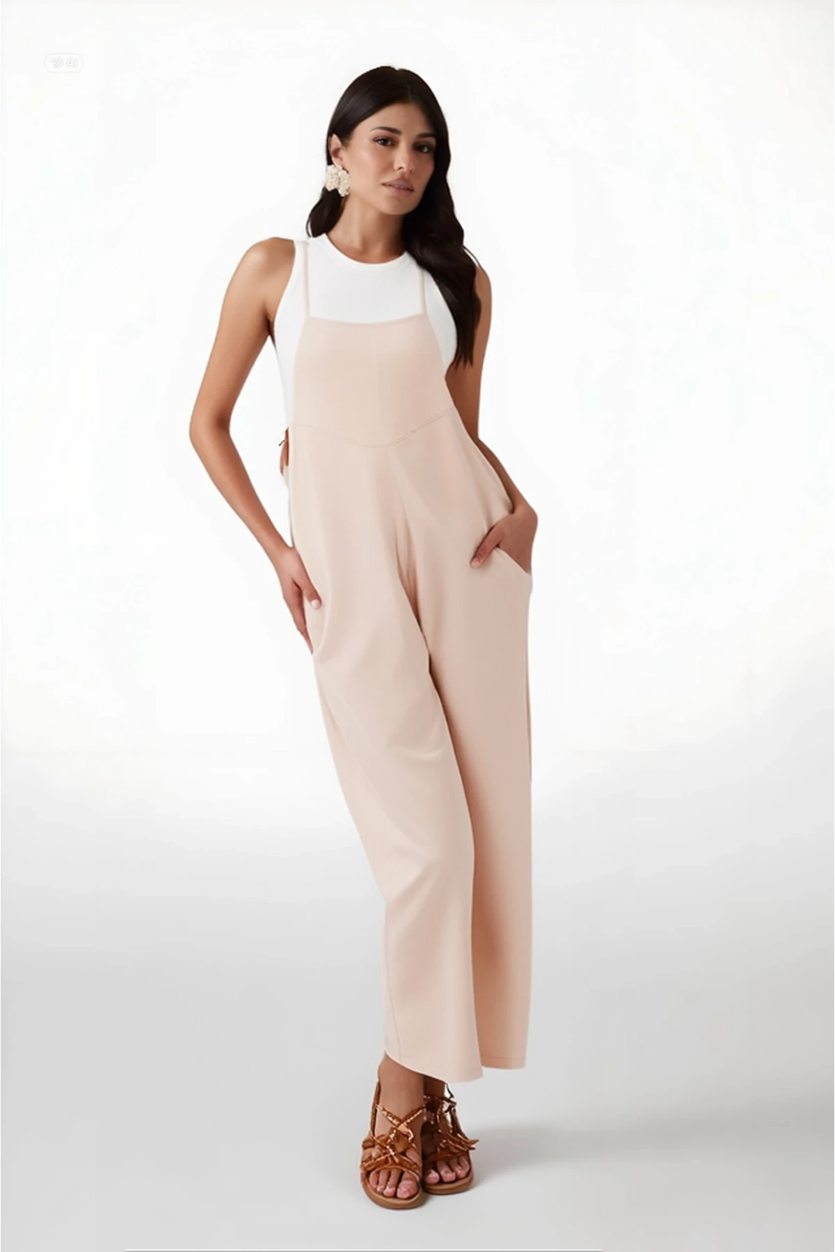 Kadın Krem Ayarlanabilir Askılı Cepli Bol Paça Bahçıvan Tulum HZL22S-BD170191