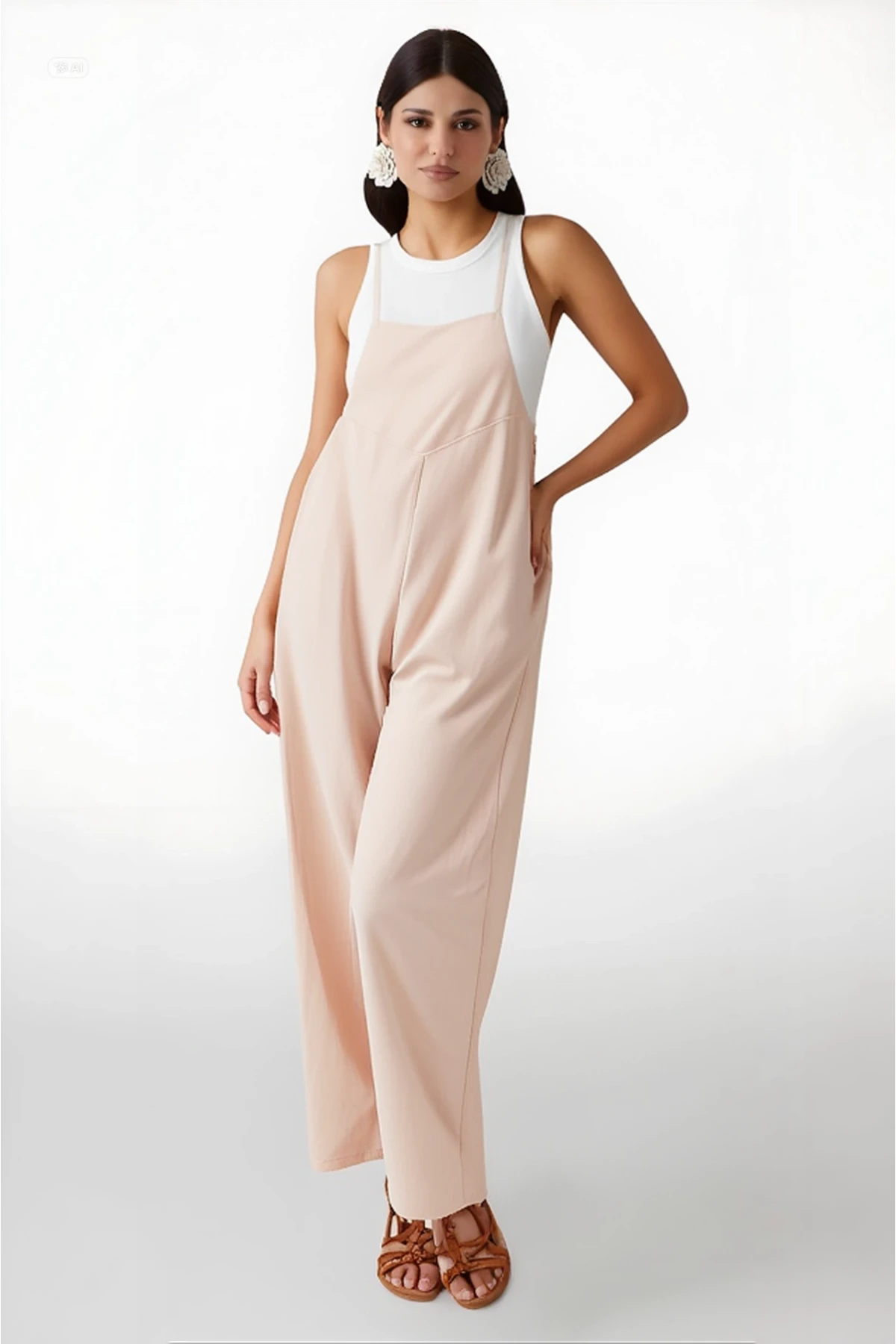 Kadın Krem Ayarlanabilir Askılı Cepli Bol Paça Bahçıvan Tulum HZL22S-BD170191