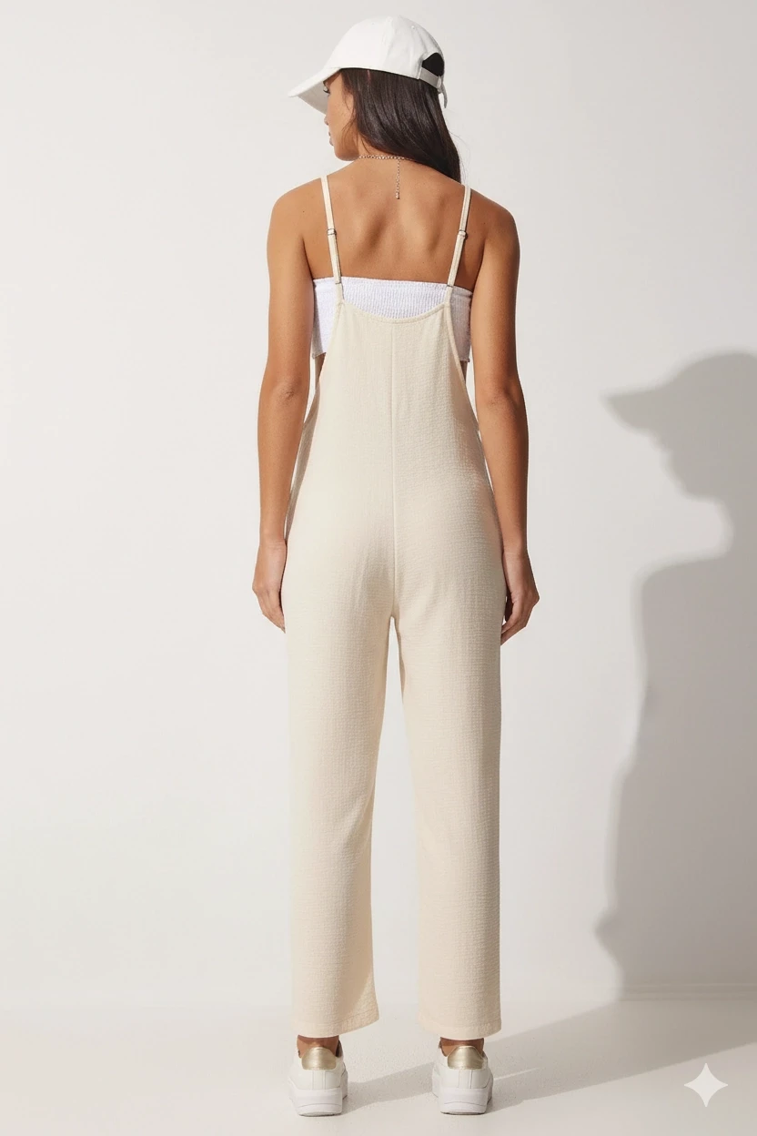 Kadın Krem Ayarlanabilir Askılı Cepli Bol Paça Bahçıvan Tulum HZL22S-BD170191