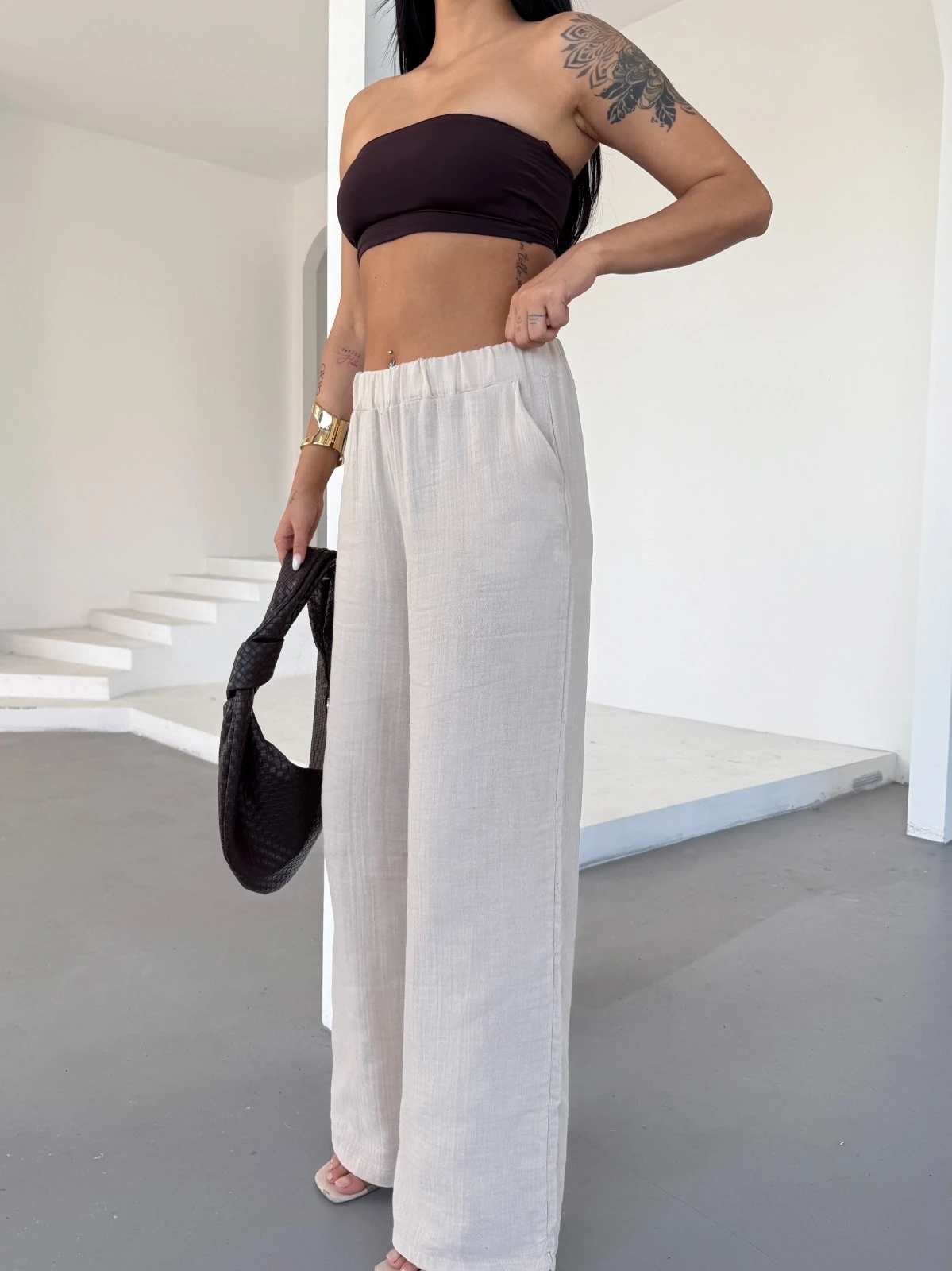 Kadın Krem Beli Lastikli Müslin Kumaş Bol Paça Pantolon HZL25S-DSB12221