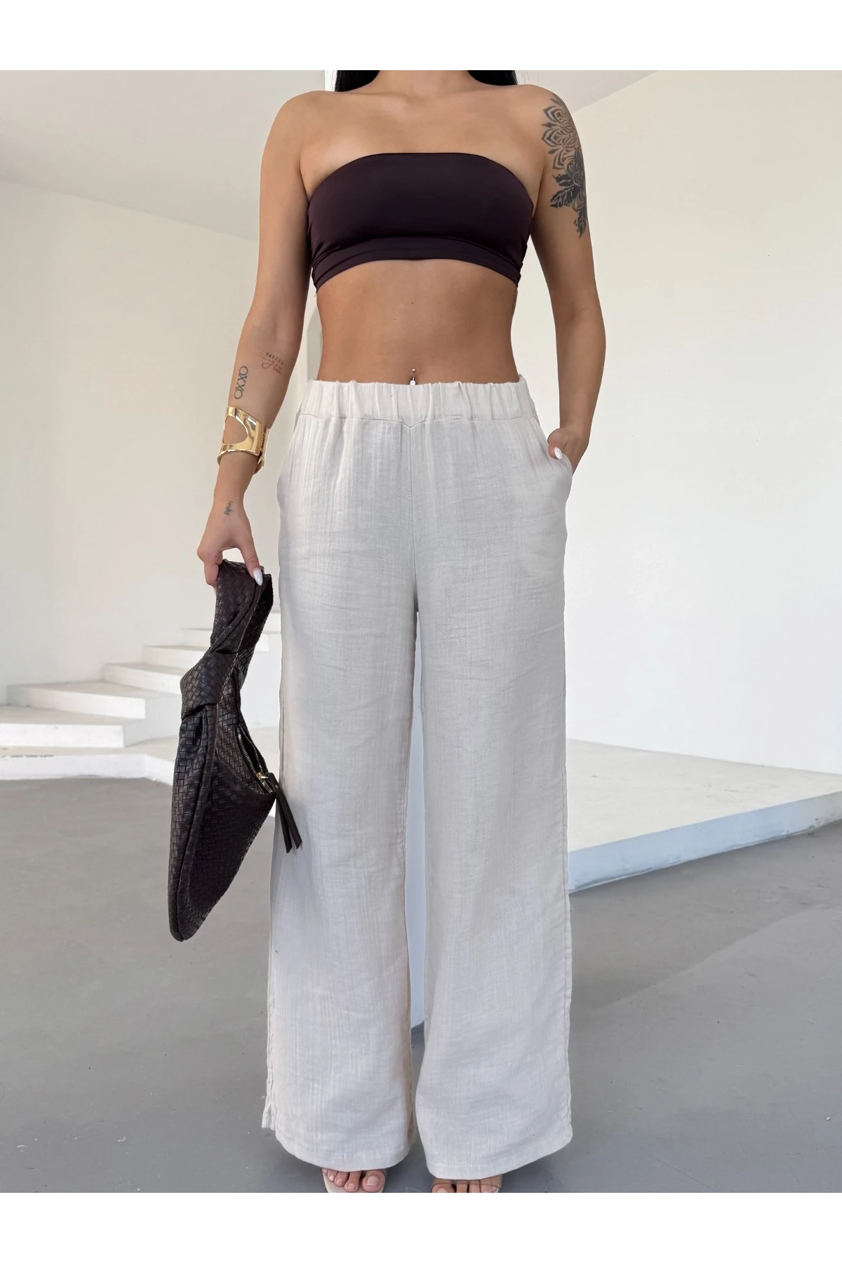 Kadın Krem Beli Lastikli Müslin Kumaş Bol Paça Pantolon HZL25S-DSB12221