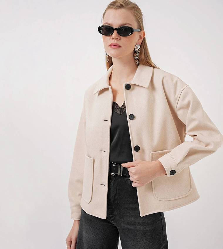 Kadın Krem Düğmeli Cepli Kısa Kaşe Ceket HZL25W-BD107131