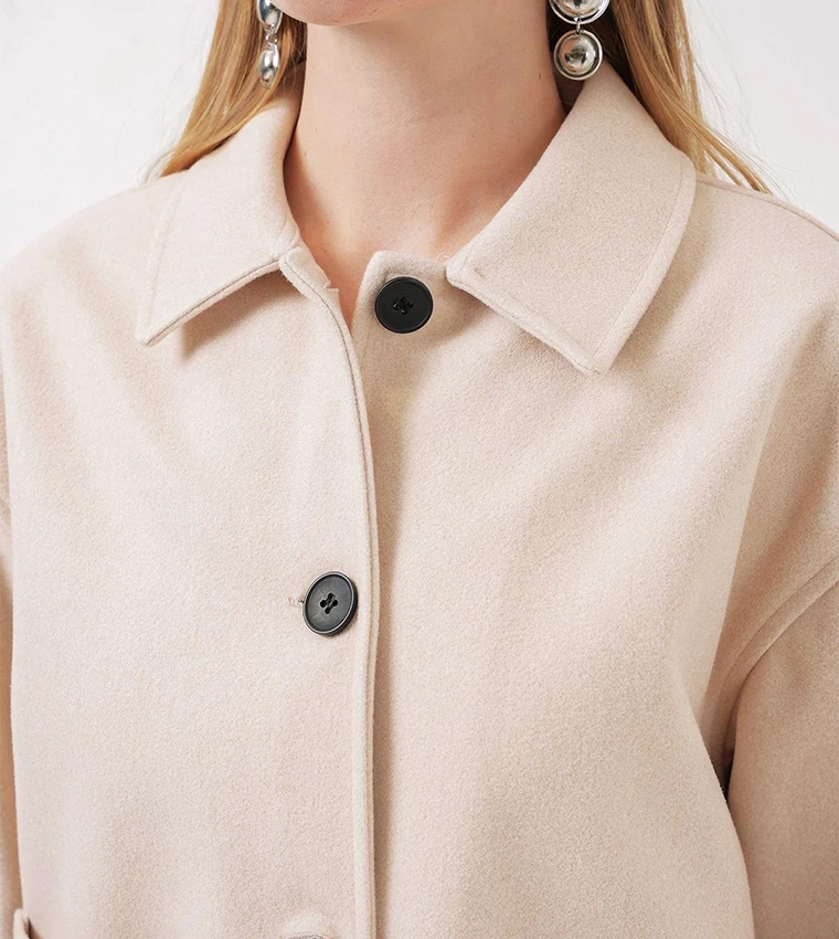 Kadın Krem Düğmeli Cepli Kısa Kaşe Ceket HZL25W-BD107131