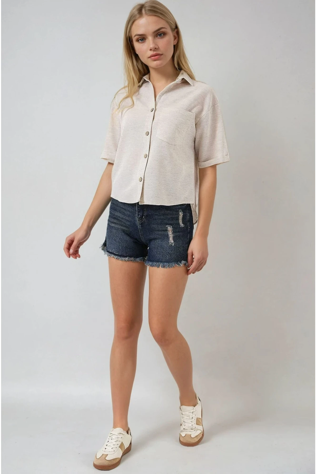 Kadın Krem Keten Görünümlü Crop Gömlek HZL25S-BD1203391