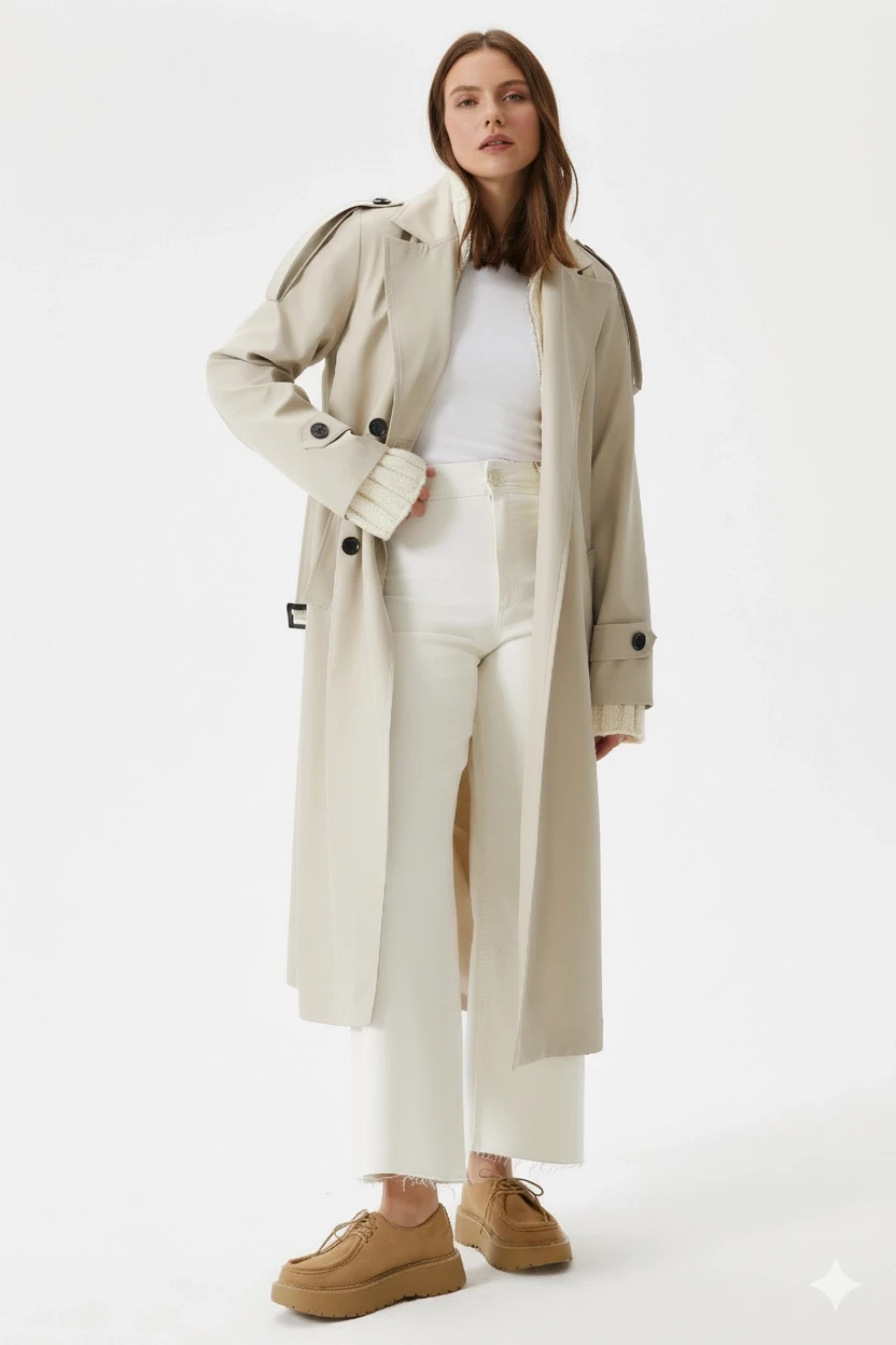 Kadın Krem Kruvaze Yaka Astarlı Kemerli Mevsimlik Trençkot HZL25W-BD159411