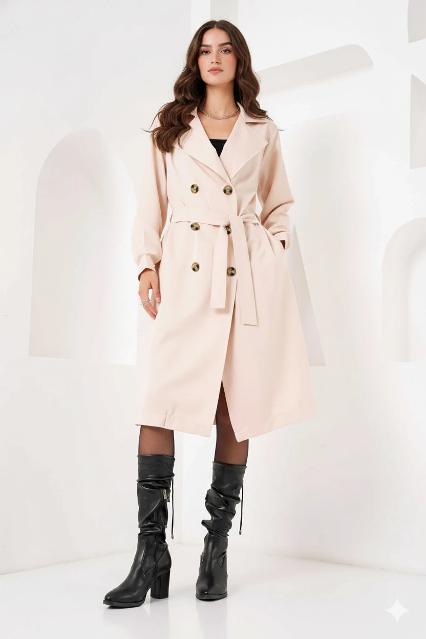 Kadın Krem Kruvaze Yaka Kemerli Astarsız Mevsimlik Rahat Trençkot Hzl22s-bd158531