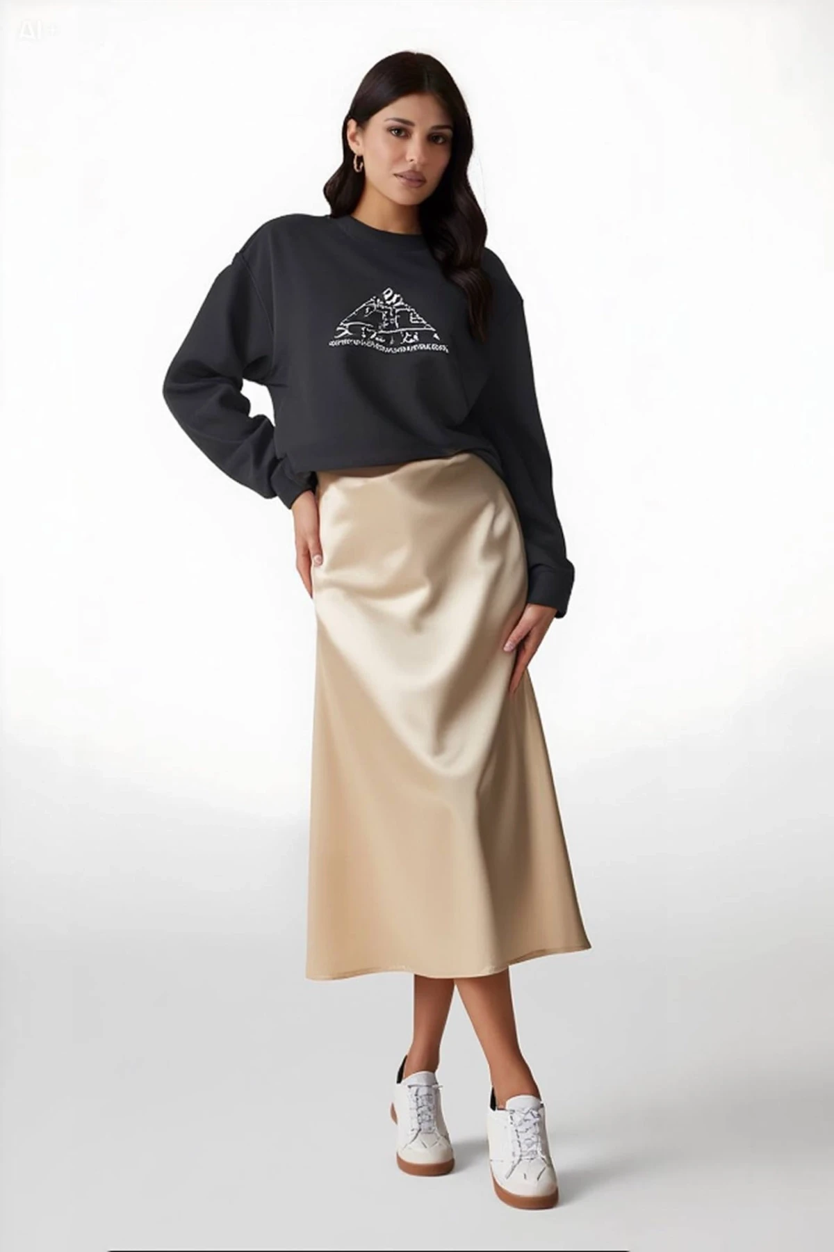 Kadın Krem Saten Yüzeyli Beli Lastikli Midi Boy Etek Hzl23s-bd1101471