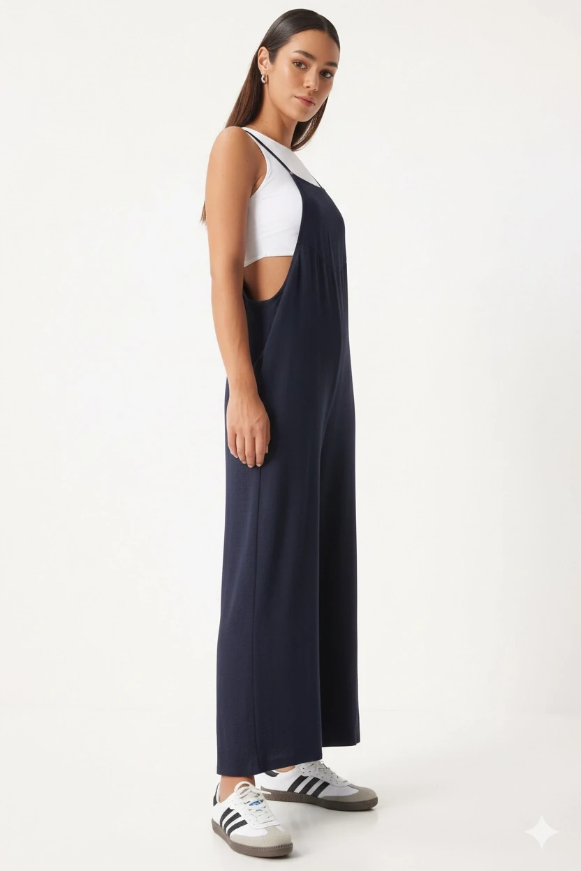 Kadın Lacivert Ayarlanabilir Askılı Cepli Bol Paça Bahçıvan Tulum HZL22S-BD170191