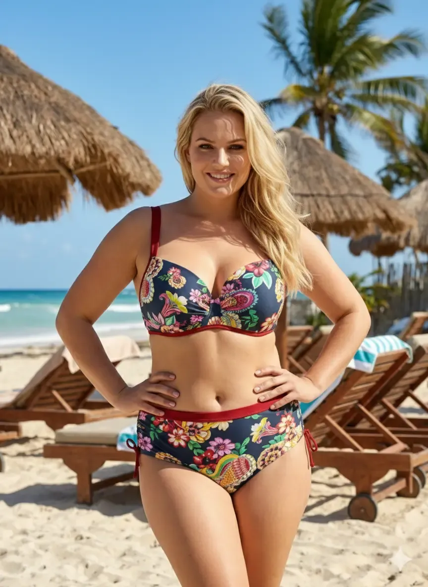 Kadın Lacivert Bordo Çiçek Desenli Yüksek Bel Toparlayıcı Büyük Beden Bikini Takım HZL24S-LC3321