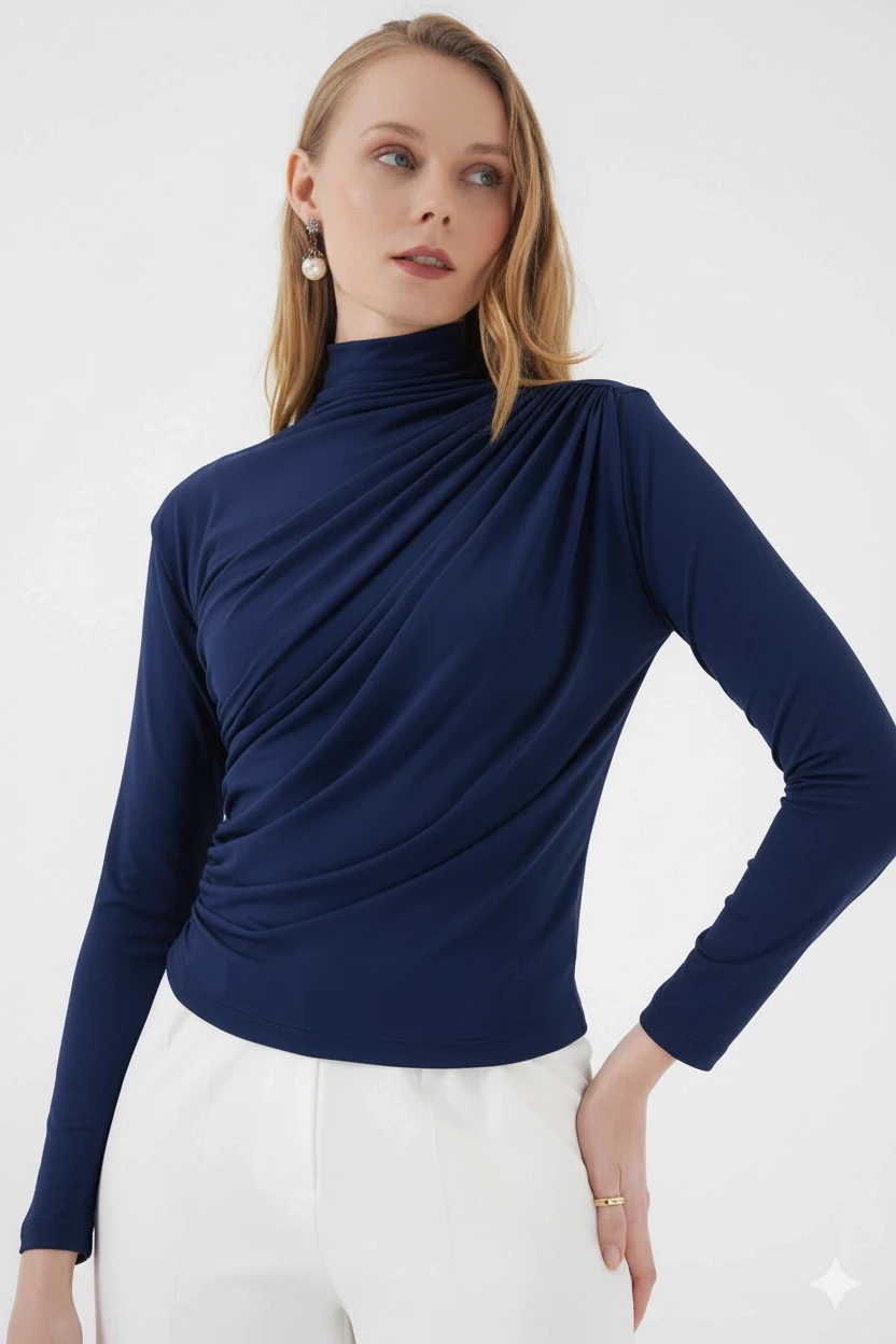 Kadın Lacivert Büzgü Detay Balıkçı Yaka Sandy Bluz HZL25W-BD19251