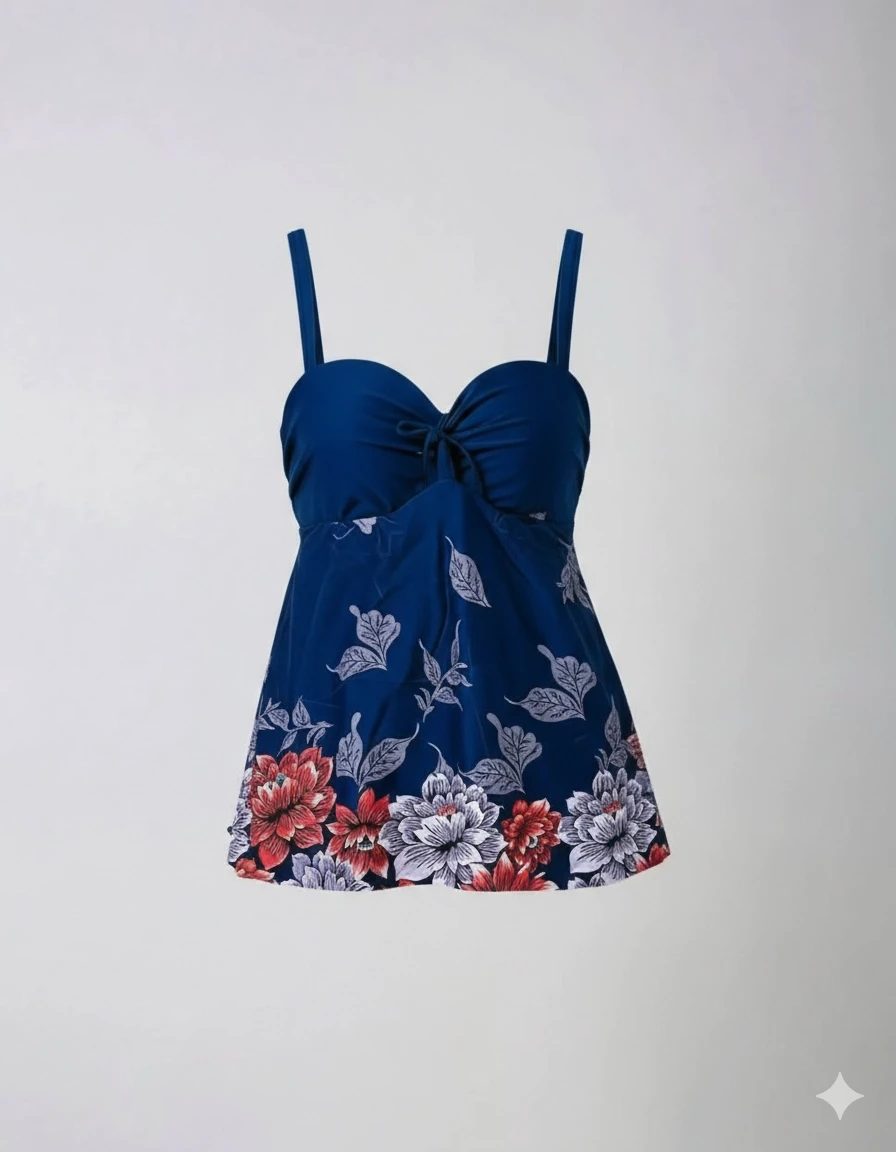 Kadın Lacivert Çiçek Desenli Elbise Model Büyük Beden Slipli Tankini HZL24S-LC4009