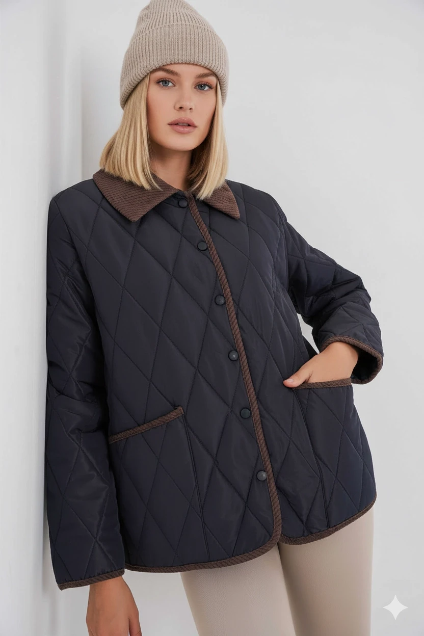 Kadın Lacivert Çıt Çıt Kapamalı Kadife Detaylı Kapitone Mont HZL25W-BD152261