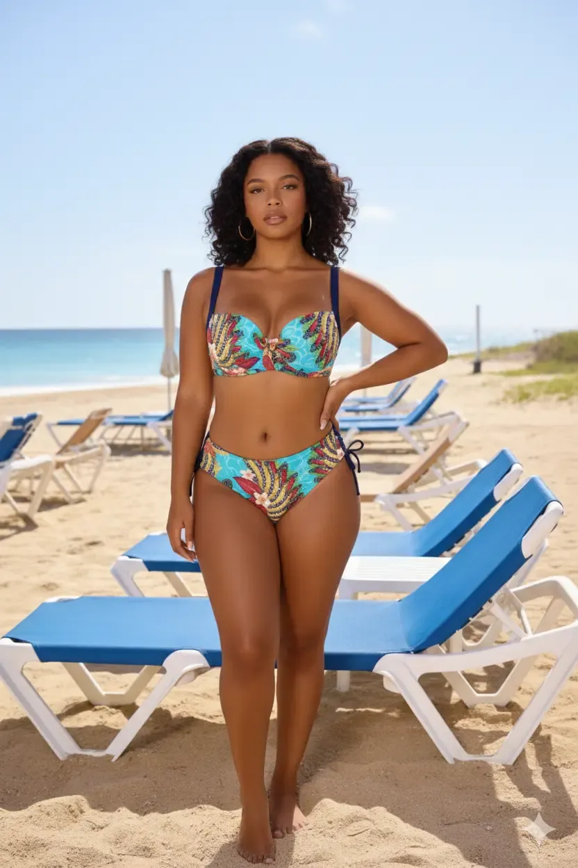 Kadın Lacivert Çok Renkli Yüksek Bel Toparlayıcı Büyük Beden Bikini Takım HZL24S-LC7015