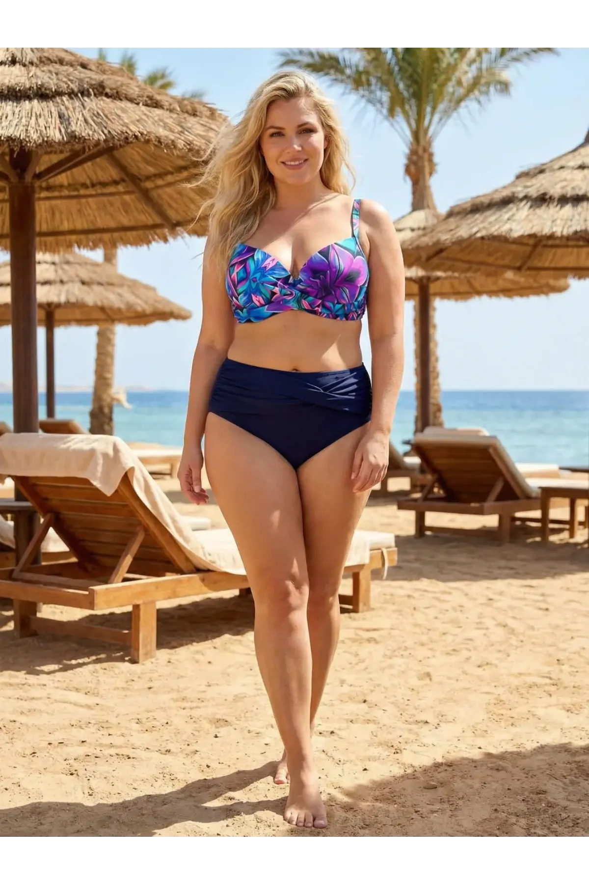 Kadın Lacivert Fuşya Çiçek Desenli Astarlı Büyük Beden Bikini Takımı HZL25S-LC24108