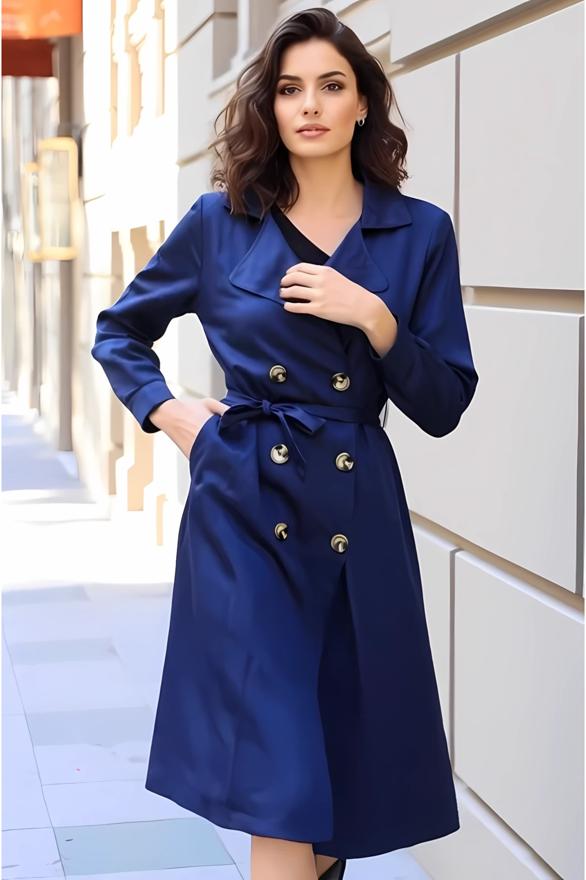 Kadın Lacivert Kruvaze Yaka Kemerli Astarsız Mevsimlik Rahat Trençkot Hzl22s-bd158531