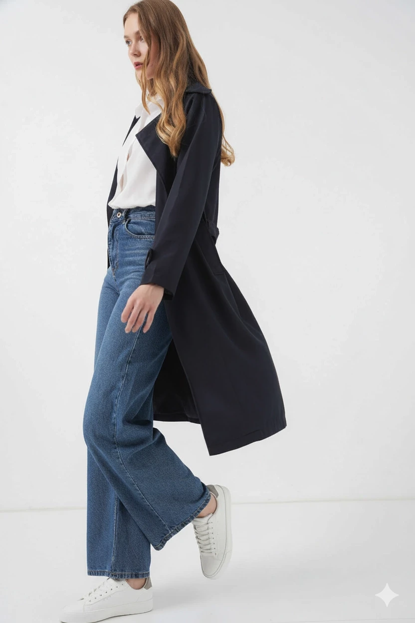 Kadın Lacivert Kruvaze Yaka Kuşaklı Astarlı Trençkot HZL25W-BD159181