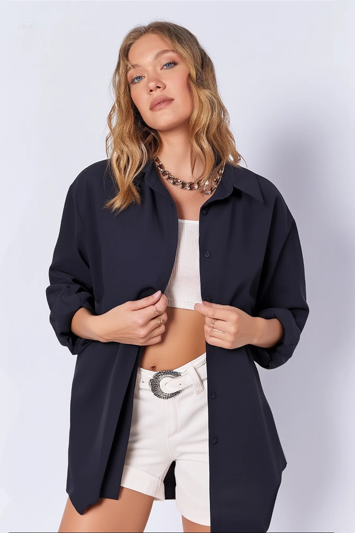 Kadın Lacivert Oversize Uzun Basic Gömlek HZL22W-BD139001