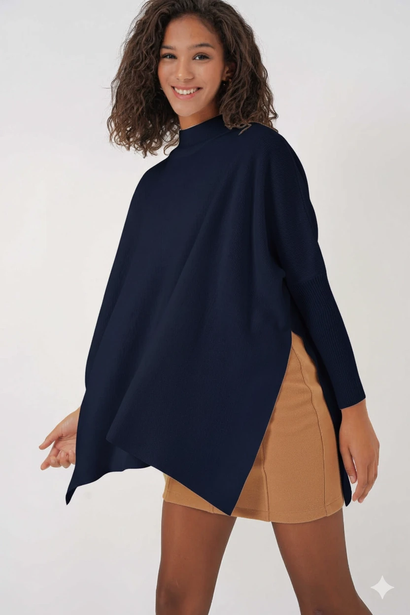 Kadın Lacivert Oversize Yırtmaçlı Panço Triko Kazak Hzl23w-bd1100761