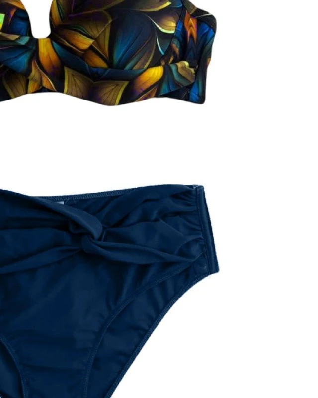 Kadın Lacivert Sarı Çiçek Desenli Astarlı Büyük Beden Bikini Takımı HZL25S-LC24108