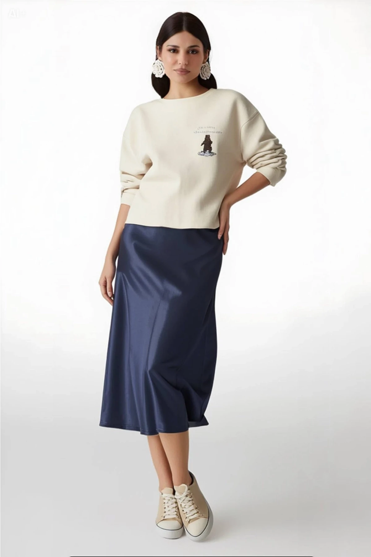 Kadın Lacivert Saten Yüzeyli Beli Lastikli Midi Boy Etek Hzl23s-bd1101471