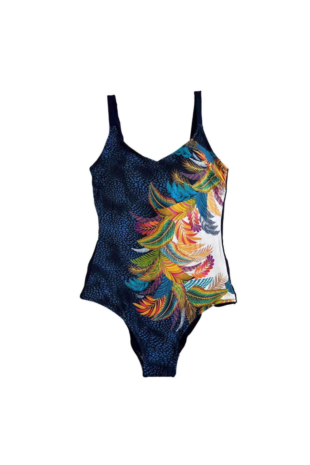 Kadın Lacivert Tropikal Yaprak Desen Yüzücü Mayo HZL25S-LC0046