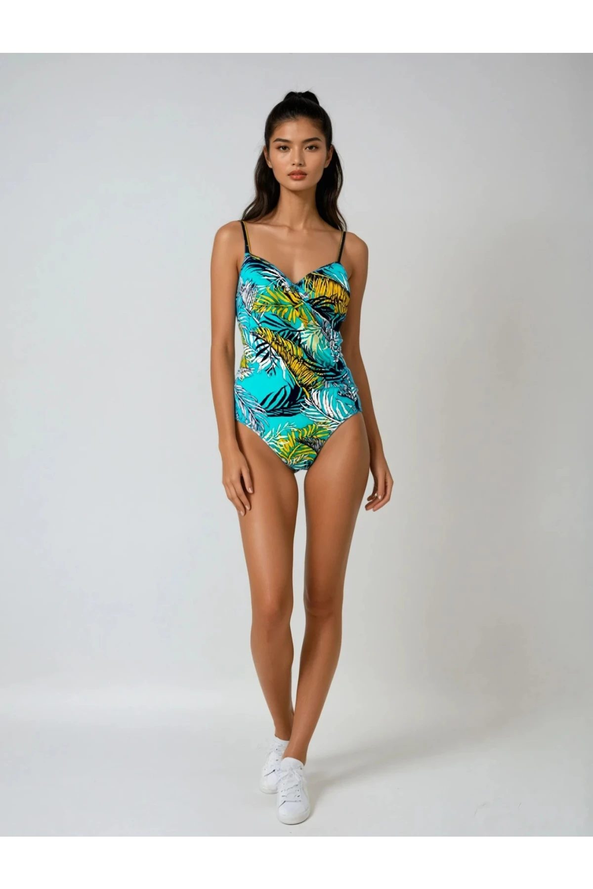 Kadın Lacivert Turkuaz Sarı Tüy Desen Yandan Drapeli Mayo HZL25S-LC6243