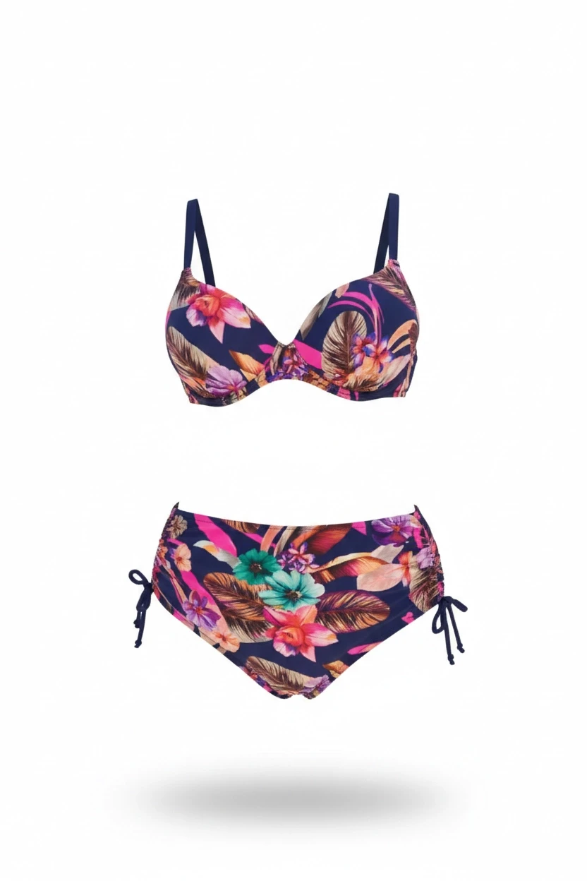 Kadın Lacivert Yaprak Desenli Yüksek Bel Büyük Beden Bikini Takım HZL24S-LC22625