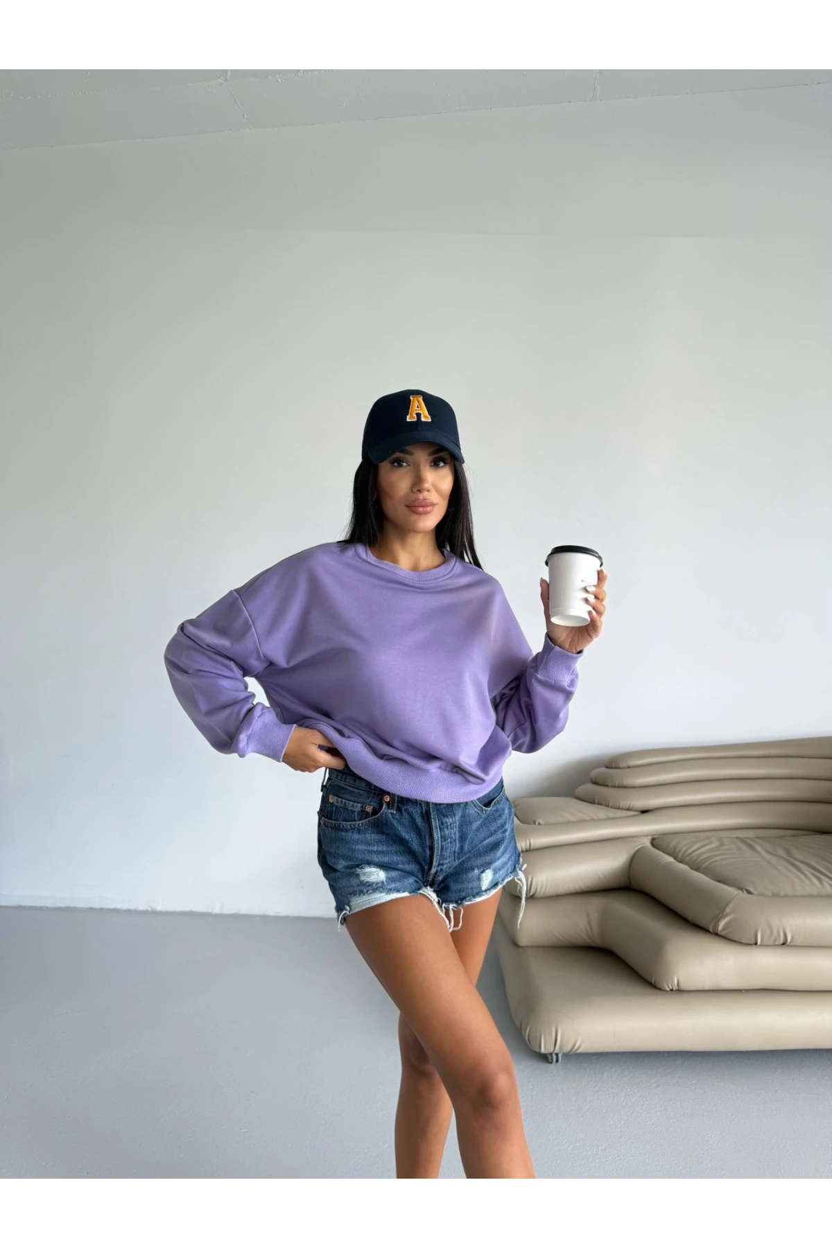 Kadın Lila Bisiklet Yaka 2 İplik Sweatshirt HZL25W-FRY123391