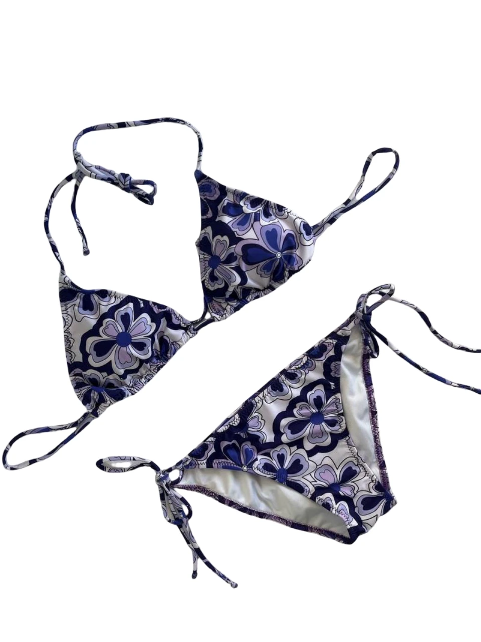 Kadın Lila Çiçek Desenli Boyundan İp Bağlamalı Üçgen Bikini Takımı HZL25S-LC5005