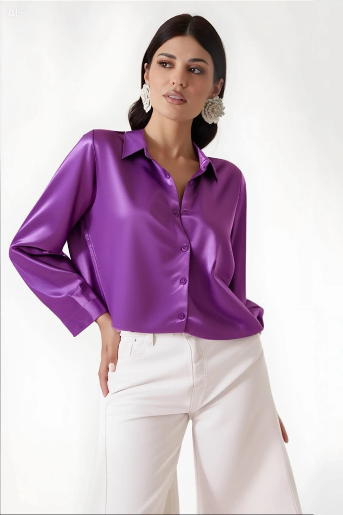 Kadın Lila Hafif Dökümlü Saten Yüzeyli Gömlek Hzl22w-bd139641