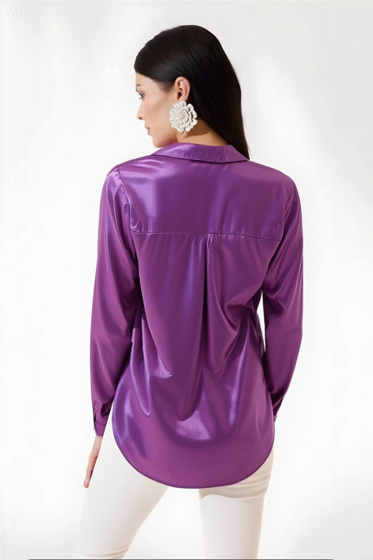 Kadın Lila Hafif Dökümlü Saten Yüzeyli Gömlek Hzl22w-bd139641