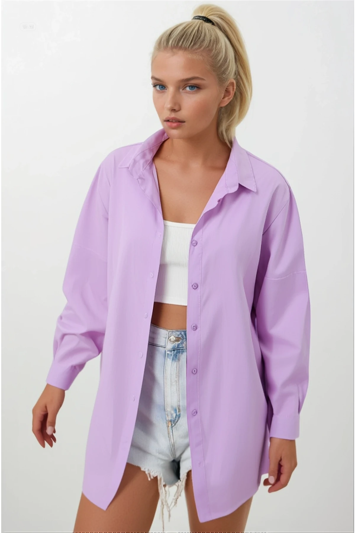 Kadın Lila Oversize Uzun Basic Gömlek Hzl22w-bd139001