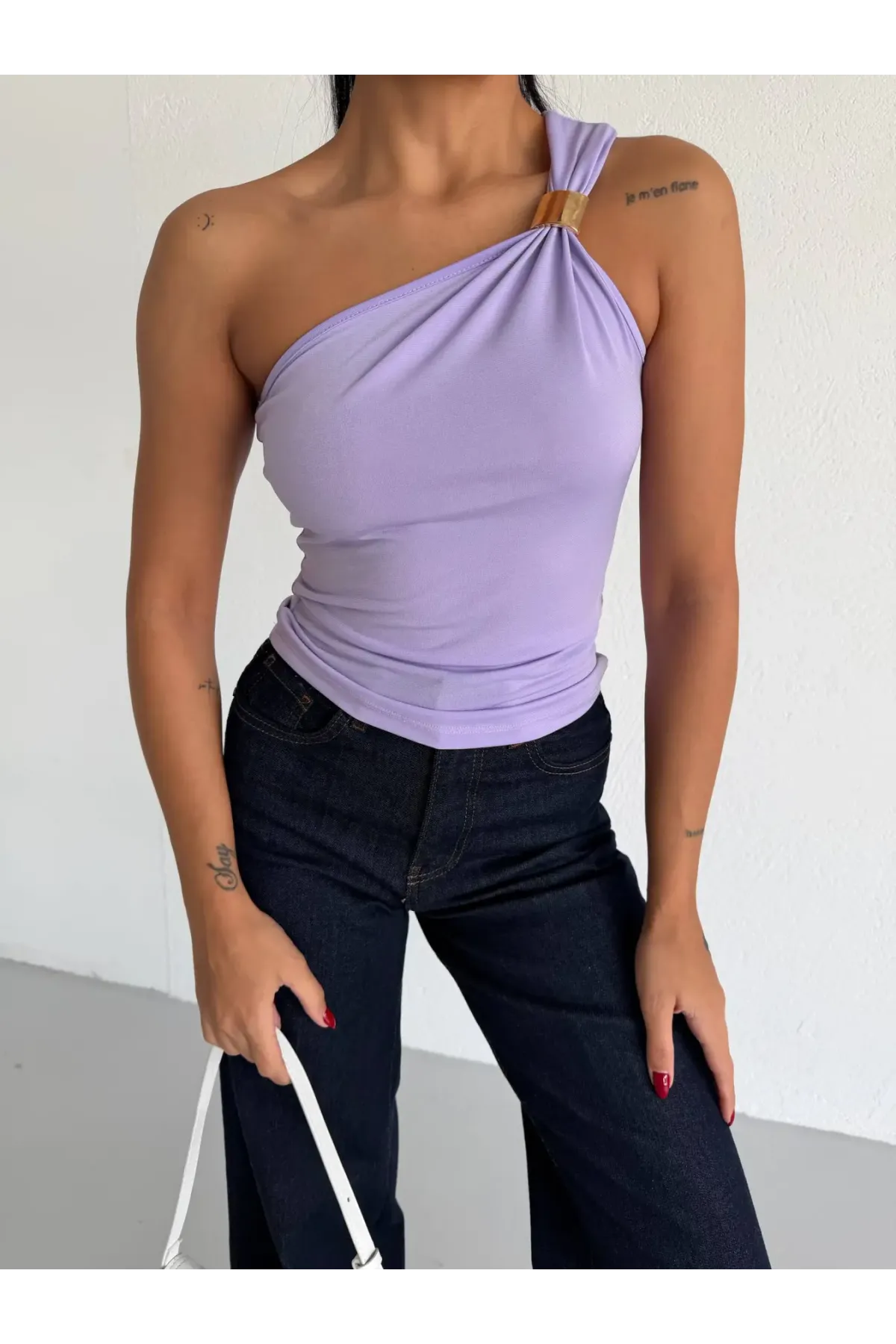 Kadın Lila Tek Omuz Gold Metal Detaylı Sandy Bluz HZL26S-FRY123821