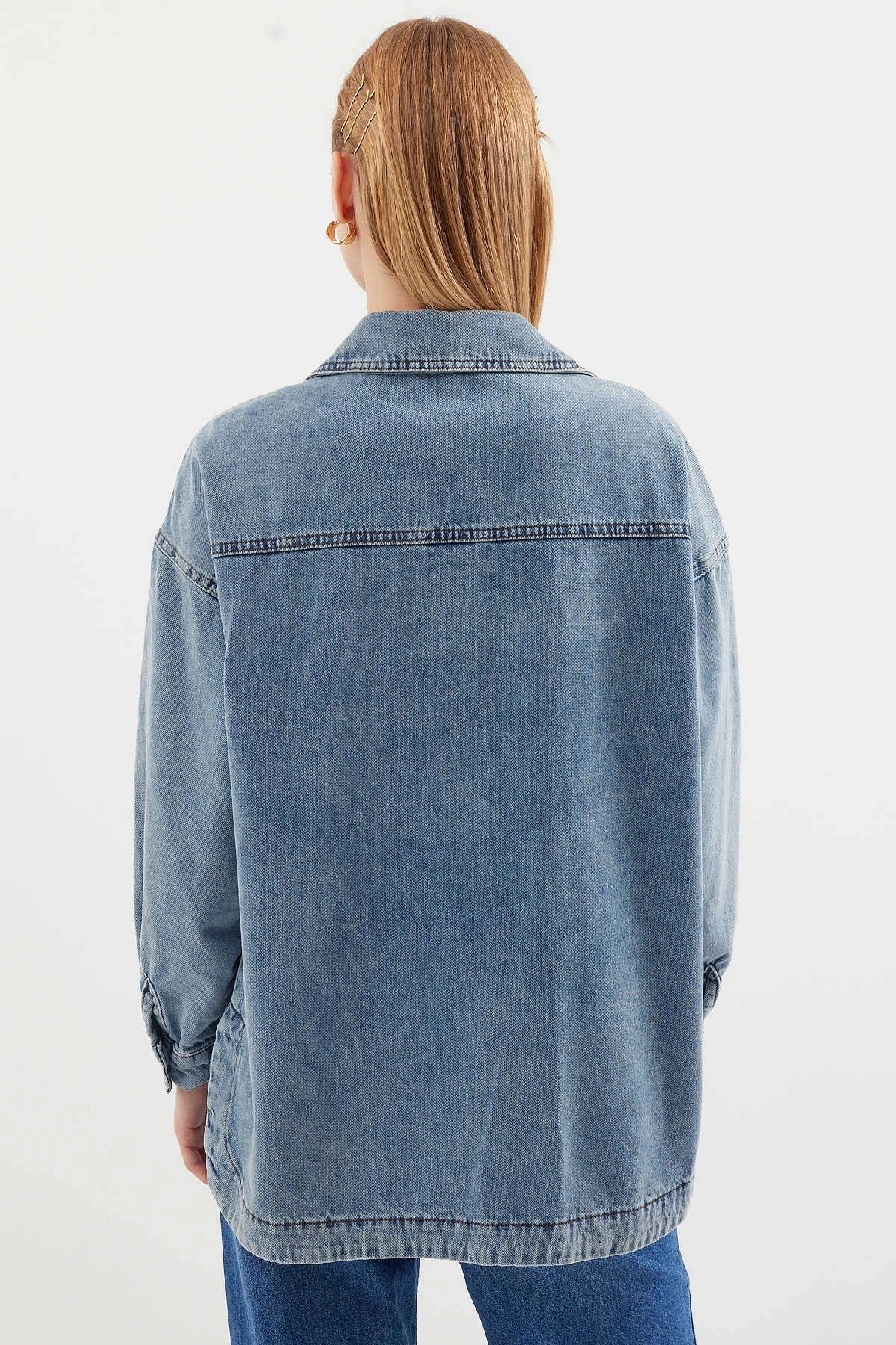 Kadın Mavi Çift Cepli Önden Düğmeli Jean Ceket HZL25S-BD106941