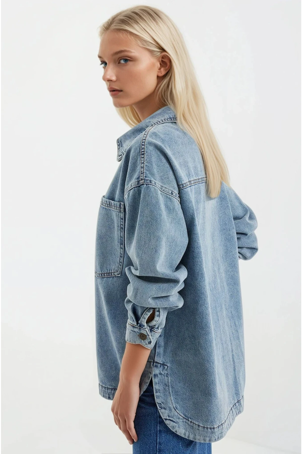 Kadın Mavi Çift Cepli Önden Düğmeli Jean Ceket HZL25S-BD106941