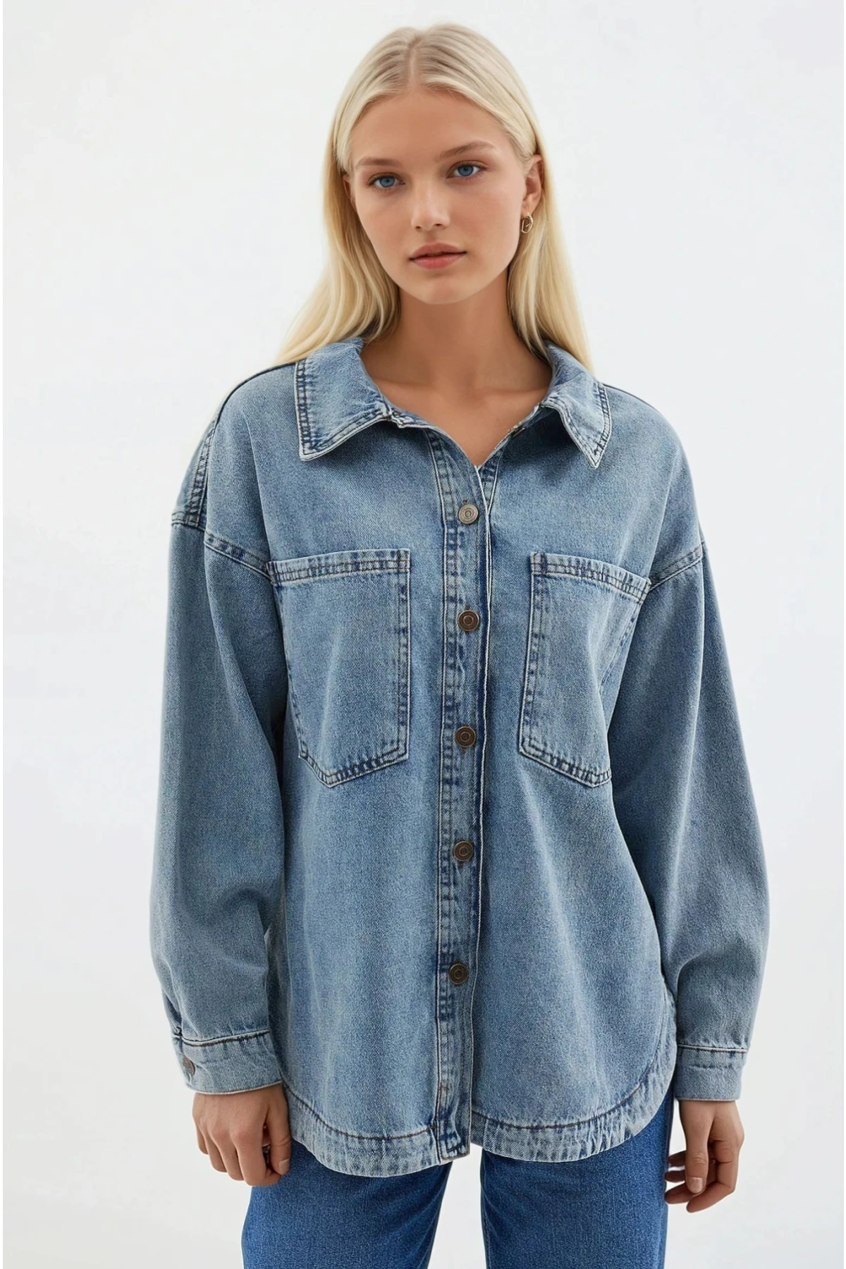 Kadın Mavi Çift Cepli Önden Düğmeli Jean Ceket HZL25S-BD106941