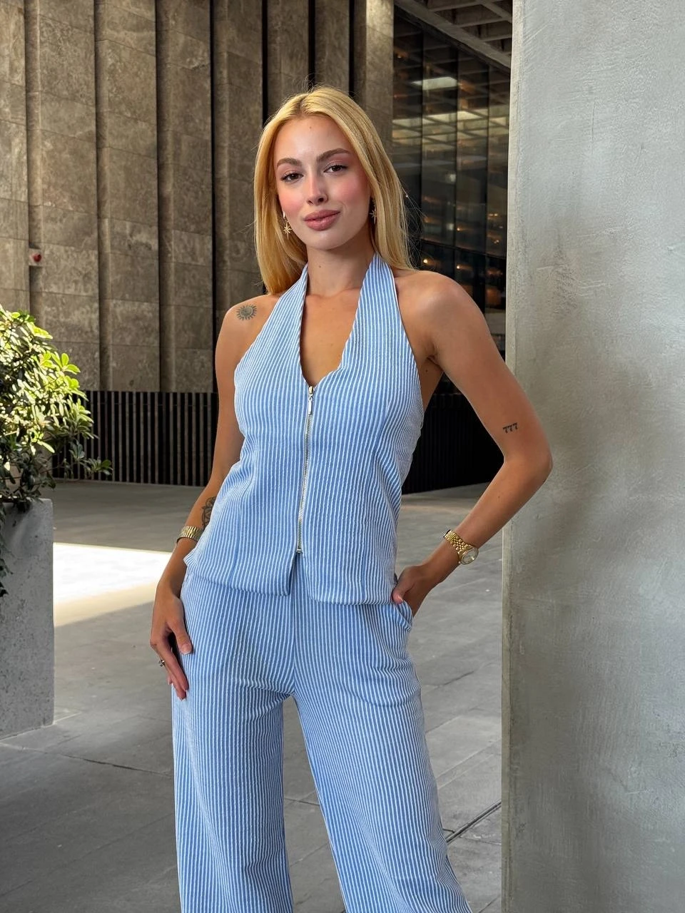 Kadın Mavi Çizgili Önü Fermuarlı Bluz Pantolon İkili Takım HZL25S-ZK13691