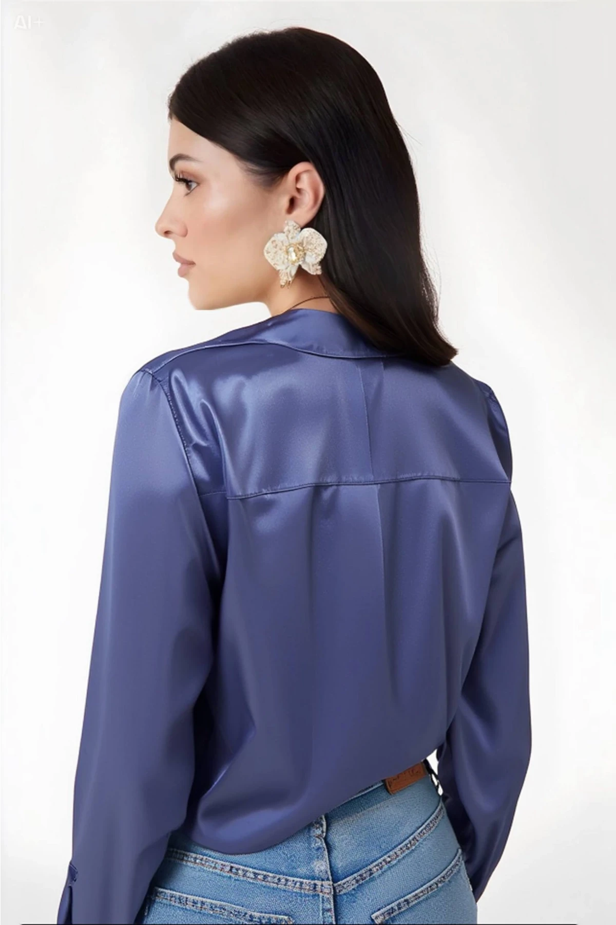 Kadın Mavi Hafif Dökümlü Saten Yüzeyli Gömlek HZL22W-BD139641