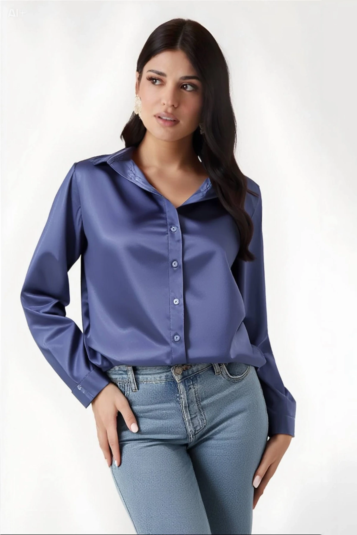 Kadın Mavi Hafif Dökümlü Saten Yüzeyli Gömlek HZL22W-BD139641