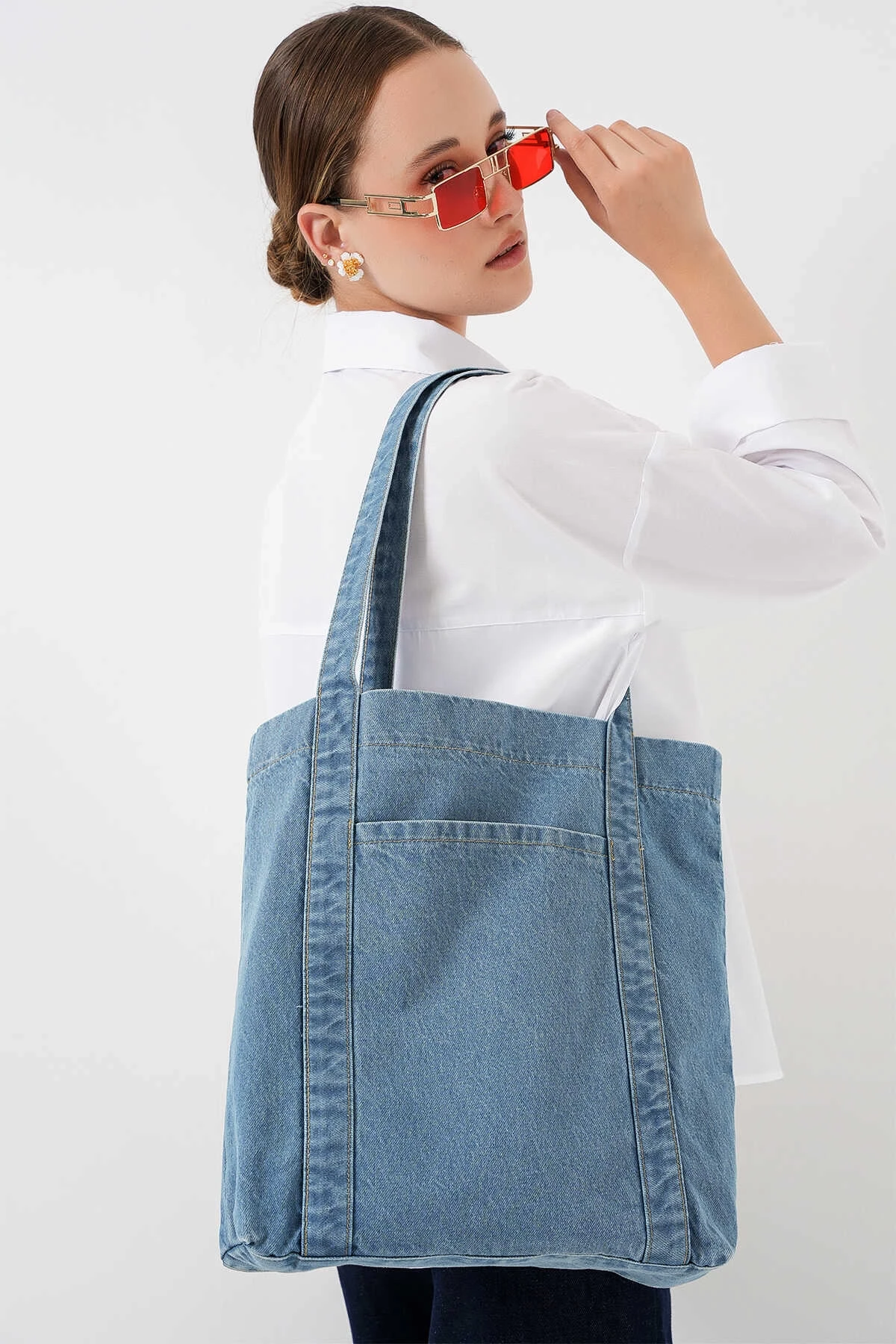 Kadın Mavi Kot Kumaş Şeritli Cepli Omuz Çanta HZL25S-BD10221