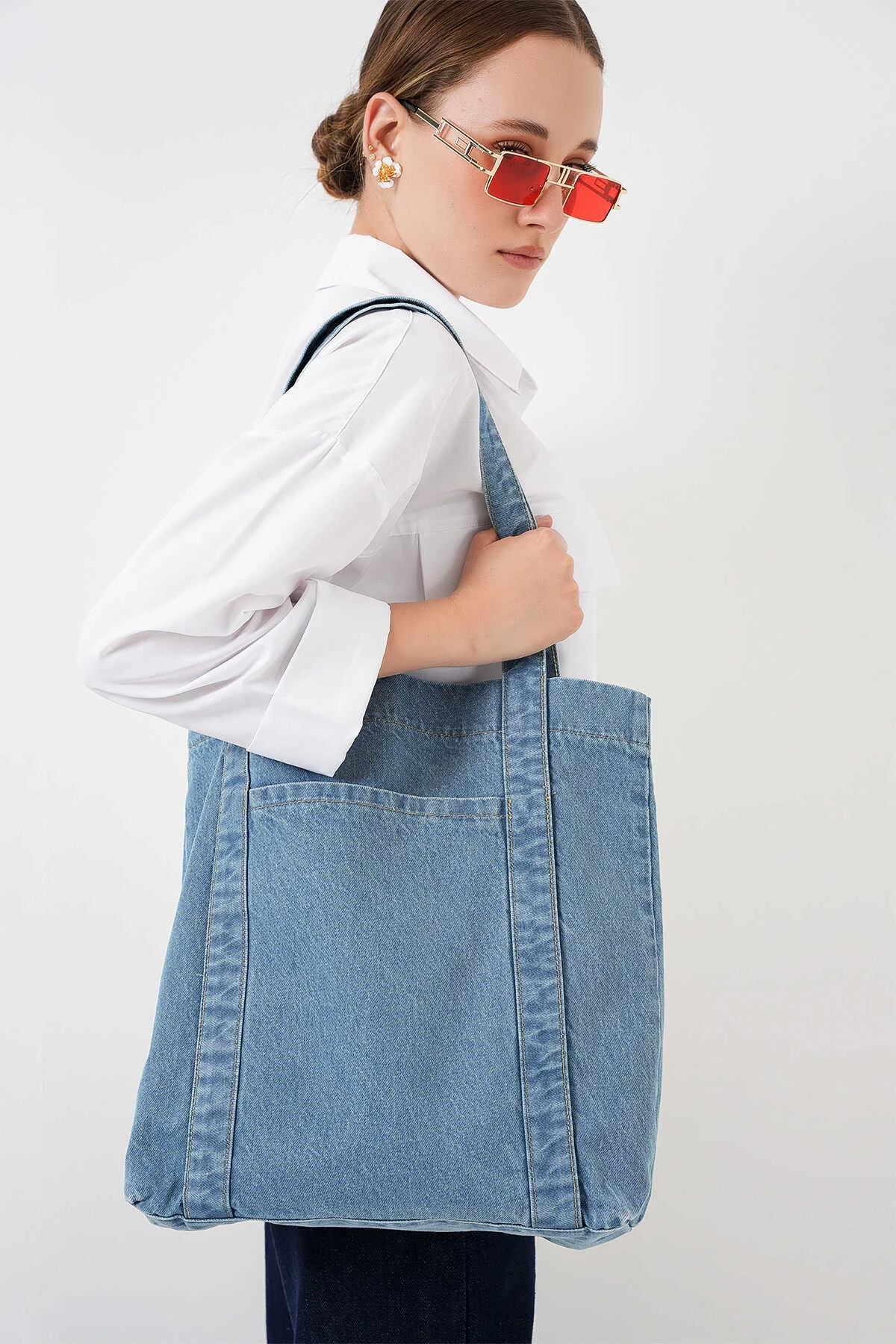 Kadın Mavi Kot Kumaş Şeritli Cepli Omuz Çanta HZL25S-BD10221