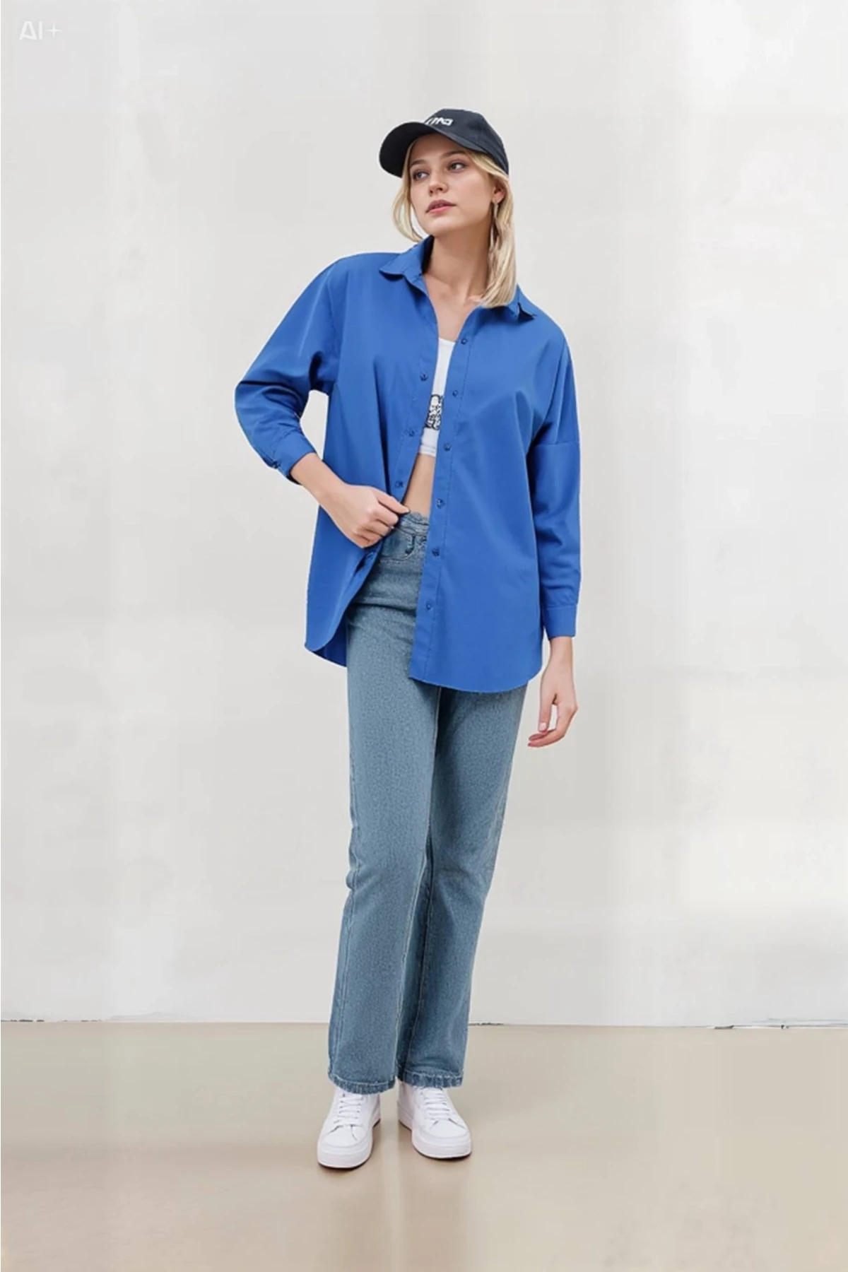 Kadın Mavi Oversize Uzun Basic Gömlek HZL22W-BD139001