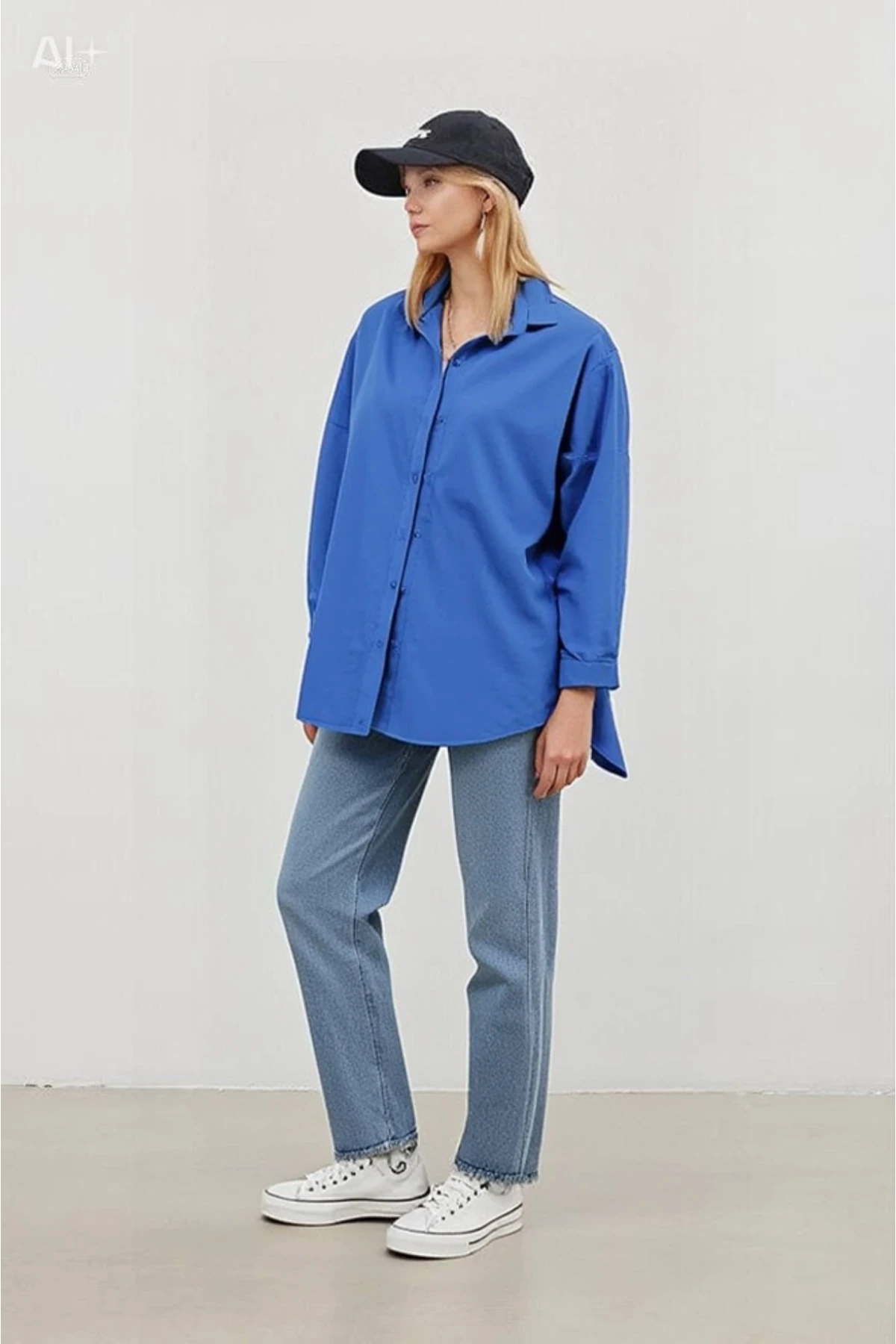 Kadın Mavi Oversize Uzun Basic Gömlek HZL22W-BD139001