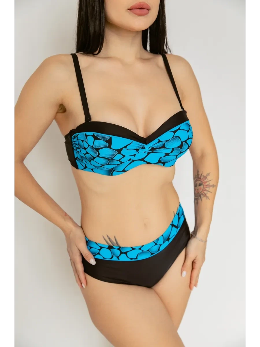 Kadın Mavi Siyah Desenli Astarlı Bikini Takımı HZL25S-LC25143