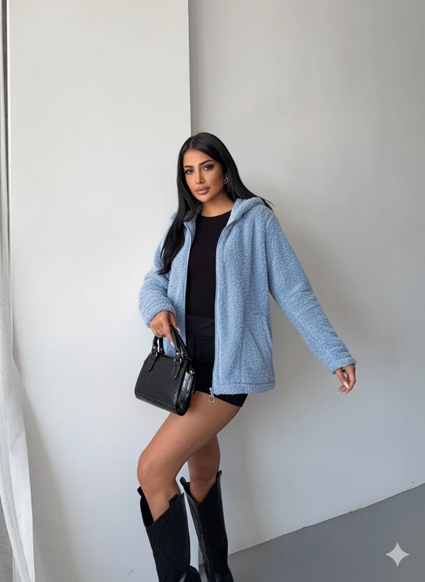 Kadın Mavi Welsoft esnek kumaş Peluş Yumoş Önü Fermuarlı Kapüşonlu Ceket HZL23W-DSB110081