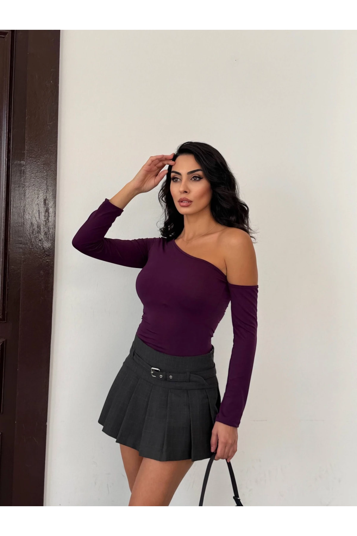 Kadın Mor Asimetrik Yaka Drapeli Sandy Bluz HZL25S-FRY123361