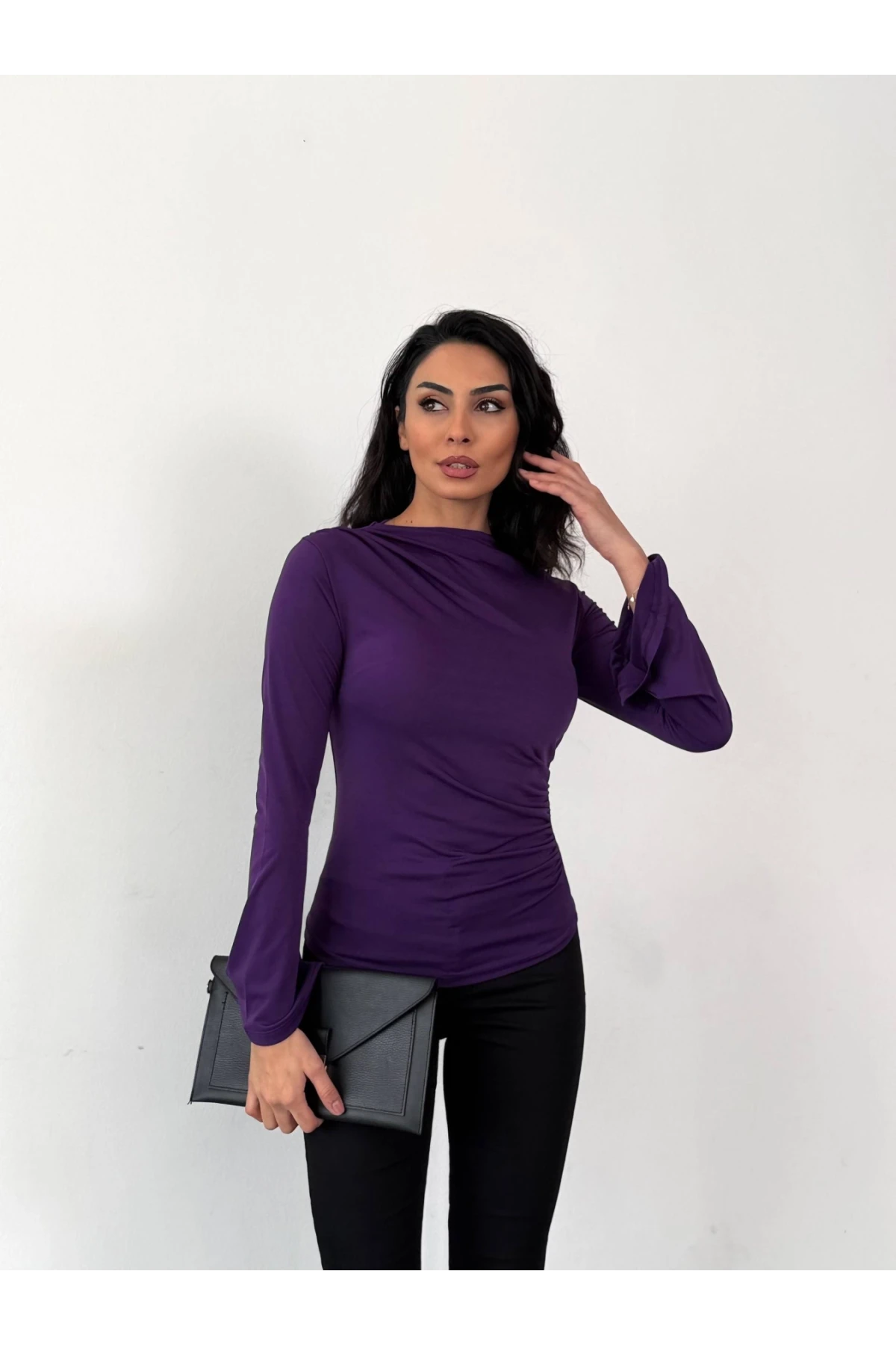 Kadın Mor Drape Detaylı İspanyol Kol Sany Bluz HZL25W-FRY123431