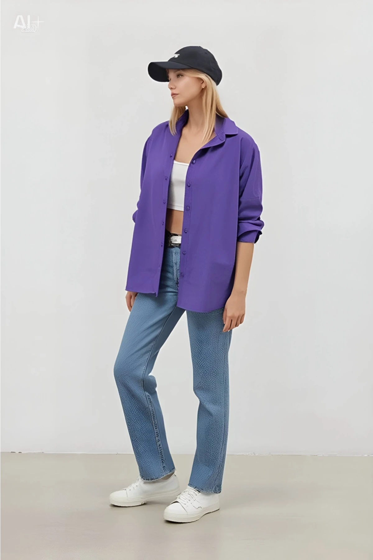 Kadın Mor Oversize Uzun Basic Gömlek Hzl22w-bd139001