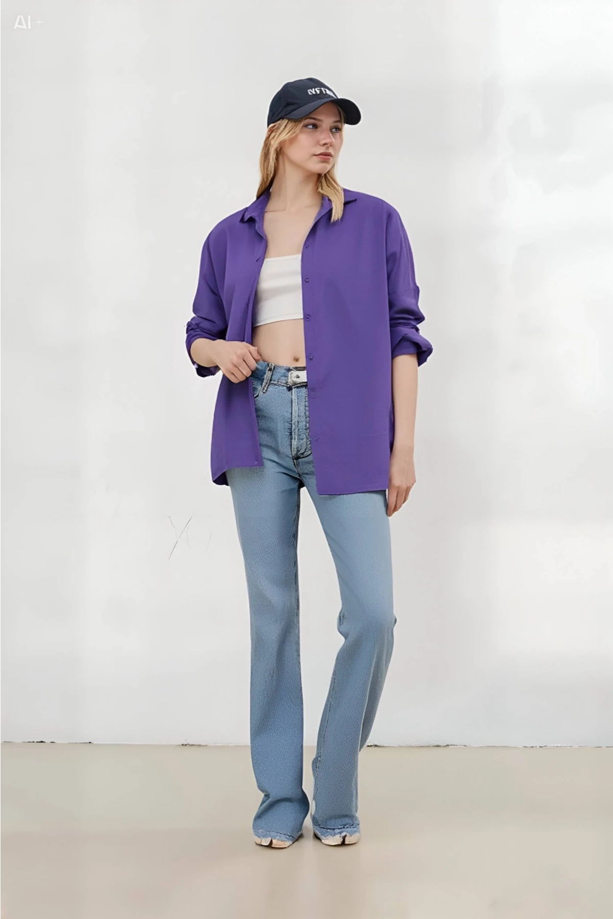 Kadın Mor Oversize Uzun Basic Gömlek Hzl22w-bd139001