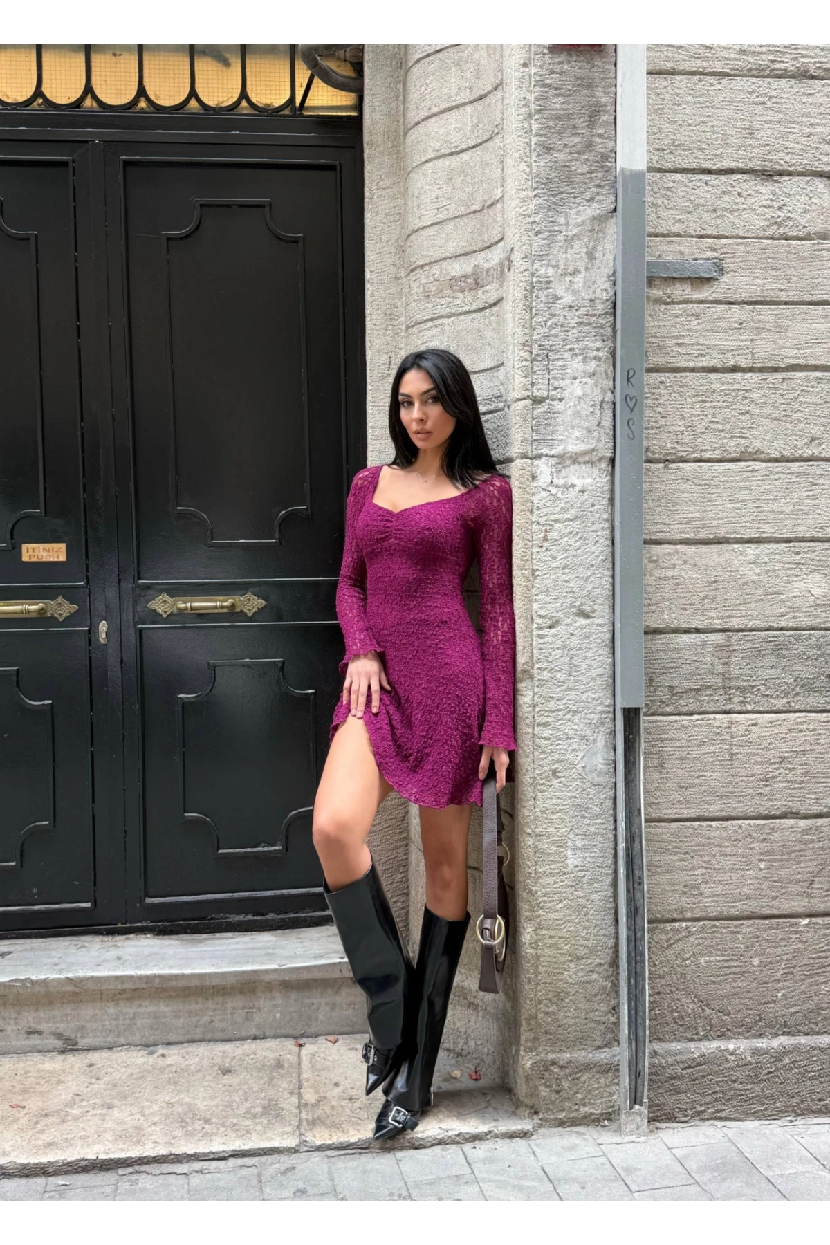 Kadın Mor Uzun Kollu Dantel Detay Astarlı Kloş Elbise HZL25W-FRY123531